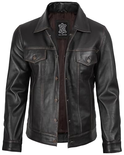 Image of fjackets Real Lambskin Vintage Trucker Leather Jacket Men - Shirt Collar Style Leather Jackets For Mens