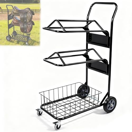 2 Tier Rolling Saddle Rack Cart with Basket,32" ×17",Foldable Horse