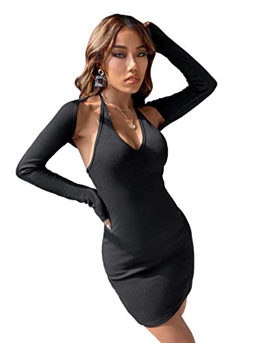 Floerns Women s Casual Rib Knit Tie Back Halter Bodycon Mini Dress with Tops Black S