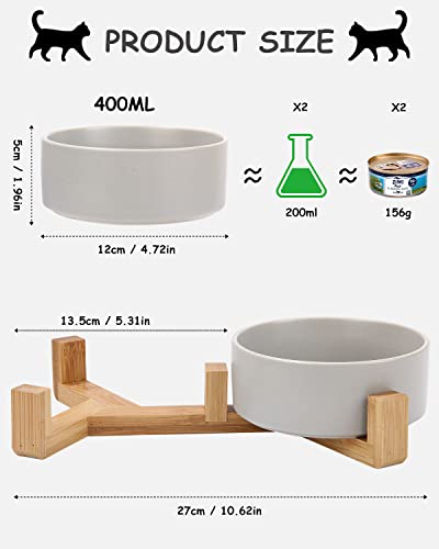 Futternapf Hund Keramik Futternapf Katze Doppelt Futternapf für Hunde und Katze mit Bambus Ständer und Rutschfester Unterlage (400ml, 2-Grau)