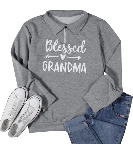 Jinting Grandma Sweatshirt For Women Blessed Grandma Letter Print Shirt Halloween Nana Long Sleeve Pullover Tops V Neck Grey thumb #5