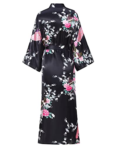 Image of Women's Floral Long Satin Robes Plus Size Long Silk Robes Peacock Floral Kimonos Sleepwear Dressing Gown