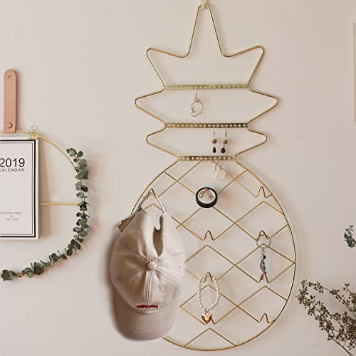 FRIADE Gold Pineapple Wall Jewelry Organizer?Necklace Holder With Hooks For Bracelets, Earrings, Rings?5 metal Clips&2 Nails Offered