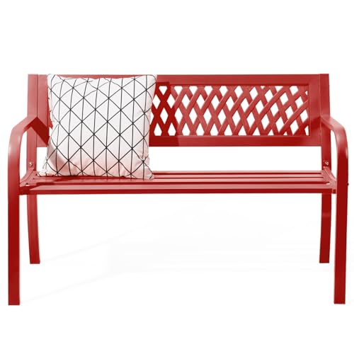 Image of VINGLI 47'' Outdoor Bench, Weather Resistant Garden Patio Bench Powder Coated Iron Frame w /PVC Mesh Backrest Slatted Seat, 2-Person Outdoor Furniture for Front Porch Entryway Park (Red)