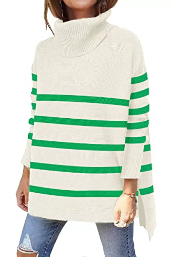 Image of Women's Turtleneck Oversized Sweaters Long Sleeve Split Hem Striped Knit Pullover Tops
