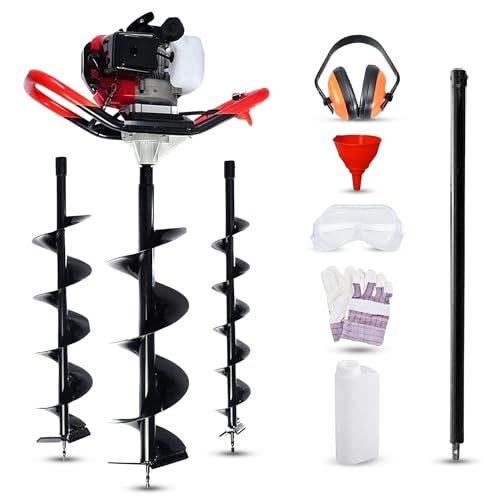Dealourus 65cc 2-Stroke Petrol Earth Auger – Heavy-Duty Garden Fence Post Hole Digger with 3 Auger Drill Bits & Extension Pole Diameter (100,150,200mm), Safety Gear, Post Level & Extension