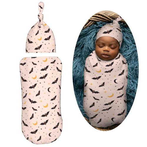 Image of Halloween Bat Newborn Swaddle Blankets Hat Sets Soft Baby Receiving Blanket Swaddle Sack for Baby Shower Infant Boy Girl Gift