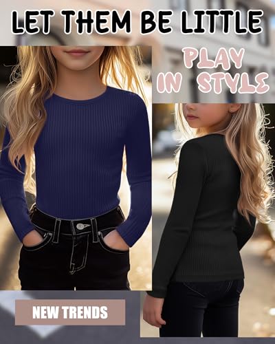 Image of 4 Pack Girls Long Sleeve Shirts Ribbed Knit Cotton Crewneck Tops Slim Fit Soft Casual Kids Base Layer Undershirts
