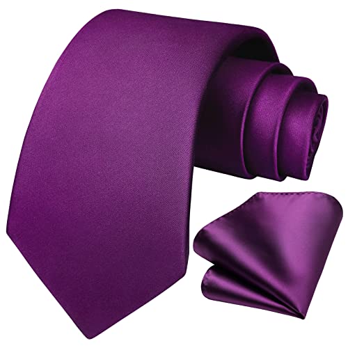 Image of HISDERN Mens Solid Color Ties Formal Satin Necktie and Pocket Square Set Classic Wedding Business Tie & Handkerchief