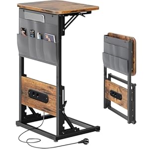 HLONONE Beistelltisch C Form, Klappbarer Sofatisch mit Steckdosen, Couchtisch mit Metallrahmen für Schlafzimmer und Wohnzimmer, 30 x 40 x 68.5 cm, Wohnzimmertisch für Kaffee und Laptop, Vintagebraun