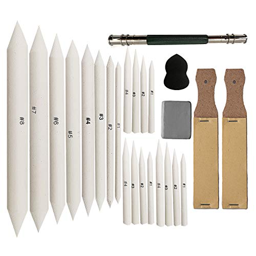 Meikeer 20 Pieces Blending Stumps and Tortillions Set with 2 Pieces Sandpaper Pencil Sharpener, 1 Pencil Extension Tool, 1 Eraser,Sponge Sketch,for Student Sketch Drawing kit