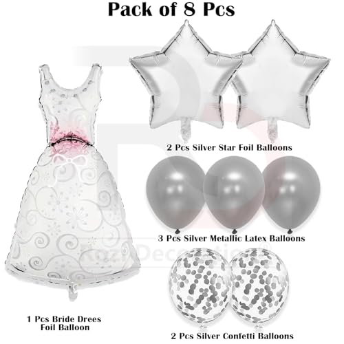 Image of Rozi Decoration Bride Dress Foil Balloon Set, Silver, Wedding Party Decorations, 8 Pieces, Star and Confetti Balloons
