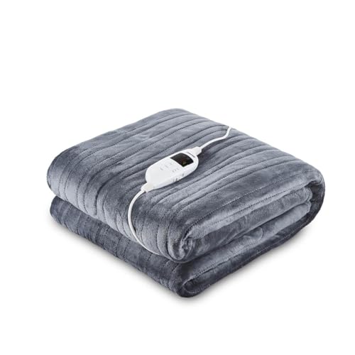 GEEPAS Electric Heated Blanket | Soft Flannel Fleece Heated Throw Over Blanket for Bed Sofa | 9 Heat Setting Digital Display 9H Timer Auto Off | Energy Efficient & Machine Washable | 130x180cm Grey