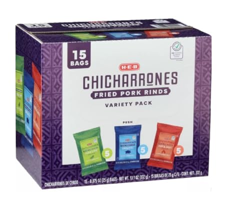 H‑E‑B Chicharrones Fried Pork Rinds - Variety Pack - 15 mini bags - Chile Lime, Original and Hot...