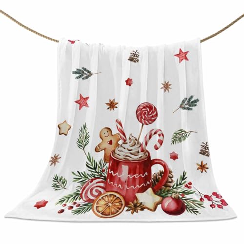 Christmas Throw Blankets, Gingerbread Candy Cane Soft Fleece Blanket Decorative for Home Sofa Couch Chair Living Bedroom Dorm,40x50 Inches, Hot Cocoa Holly Xmas Ball