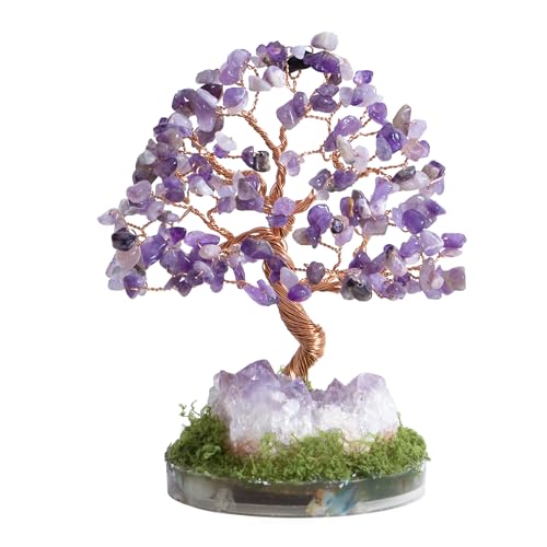 Dreamocean Amethyst Crystal Tree of Life Healing Crystal Money Gemstone Bonsai Tree with Natrual Amethyst Cluster Geode Home Office Desk Reki Decor for Women Purple Gifts for Women（Purple）