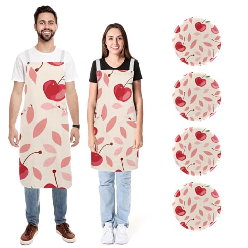 Tabliers de cuisine roses et rouges à motif cerises pour cuisiner en duo