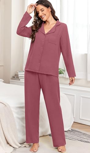 PrinStory Women Pajamas Set Button Down 2 Piece Pjs Sets Long Sleeve Loose Sleepwear Soft Loungewear with Pockets4