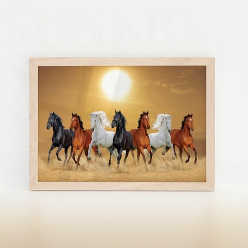 Image of Suneree 7 Horse Vastu Wall Painting - Running Horses Golden Desert Landscape Framed Wall Art for Living Room & Office Decor (Natural, Design 13, 13x19 Inch)