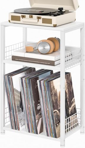 plattenspieler regal mit 3-stufiger Plattenspieler Schrank,der bis zu 100 Alben Aufbewahren kann,Vintage Vinyl Regal Beistelltisch mit Schutzeisennetz.schallplatten regal für Wohnzimmer und Büro（Weiß）