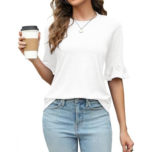 Rapbin Womens 3/4 Length Sleeve Tops Loose Fit Casual Crew Neck Shirts Ruffle Tunic Blouses White Large