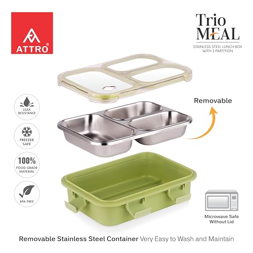 Image of ATTRO Trio Meal Stainless Steel Lunch Box with 3 Partition, Microwave Safe, Airtight Leakproof Silicone Seal Lid, BPA-Free Food Grade Tiffin Box for Office School Kids - 600ml - Green
