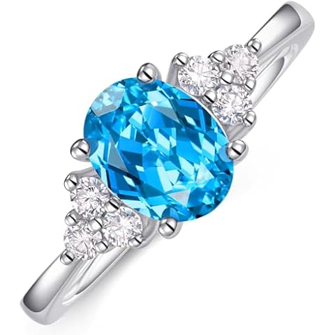 AUMIFY Engagement Rings for Women, Swiss Blue Topaz Oval Cut 6x8mm Promise Ring w/Side Moissanite Stone, White Gold Plated 925 Sterling Silver, Gift for Birthday(Swiss Blue Topaz, 7) Cover