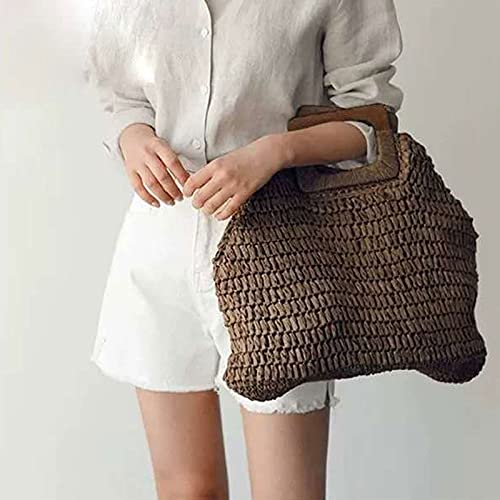 Bolso tote de paja con asa de madera para mujer, bolso tejido tipo hobo para verano, playa y viaje (café) miniatura 3