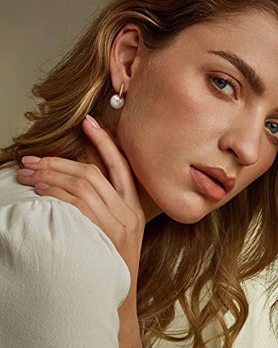 18K Gold Plated Leverback Hoop Handpicked White Round Shell Pearl Drop Dangle Earring For Women Minimalist Simulated Pearl Ear Jewelry For Wedding Bridesmaids Gift #TOP5