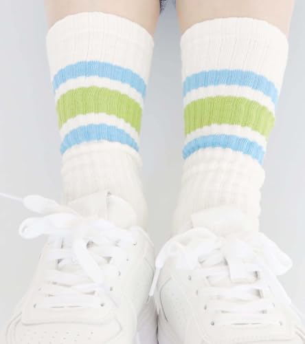 5 Pairs Chunky Ribbed Crew Socks Retro Novelty Cotton Scrunch Striped Socks4