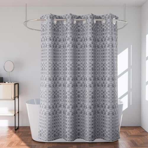 Image of Kuber Industries 7 Ft Waterproof Check Eyelet Shower Curtains for Bathroom | Washroom Partition Screen & Wall Divider Parda for Bath | Grey