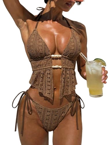 Image of ZAFUL Halter Swimsuits for Women Textured Backless 2 Piece Bathing Suits Cheeky High Cut String Tie Side Bikini Sets