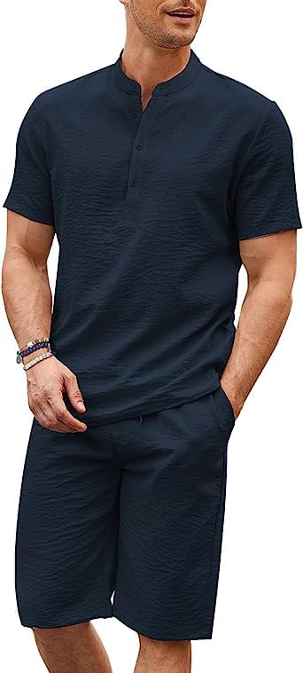 GenericMen's 2 Pieces Linen Set Casual Shirts Short Sleeve Beach Yoga Shorts Summer Pants Outfits