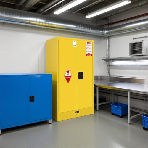 POWKOL 272 Gallons Flammable Storage Cabinet with 2-Inch Leak-Proof Spill Tray and 3-Point Locking System for Workplace, Laboratory, Garage Use by Workers and Technicians