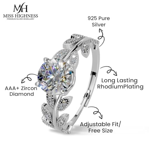 Image of Miss Highness 925 Sterling Pure Silver Ring for Women and Girls, Floral Ring, Adjustable Size, Daily Wear Jewellery, with Certificate of Authenticity, Birthday, Anniversary, Gift for Wife & Girlfriend