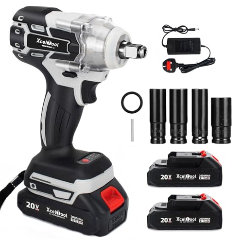 Funnyway Cordless Impact Wrench, 1/2" Brushless Power Impact Gun 20V 550N.m Adjustable Torque with 2X 2.0Ah Battery, 4 Sockets, Fast Charger for Car Home (Black（2 Batteries）)