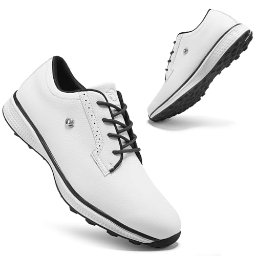 Professional Golf Shoes for Men Classic Comfortable Outdoor Golf Sport Training Sneakers Size 7-15 Non-Slip Golf Trainers Men (White Black,10.5)
