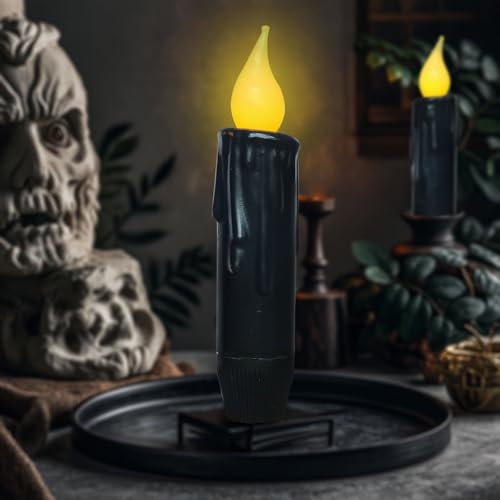 Generic C475BS Black Short Flameless Taper Candles Battery Operated Flickering With Timer Real Hand Dipped Wax Flameless Candles,Country Primitive Christmas Halloween Decor,4-3/4 Inch thumb #3