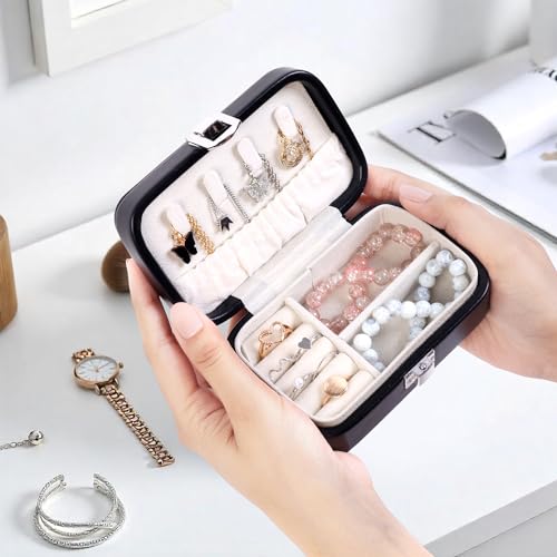 Image of BucketList PU Leather Jewellery Organizer Box with Ring Slots & Necklace Hooks | Compact Jewelry Storage Case with Secure Lock (Travel Jewellery Box Rectangular (Black))