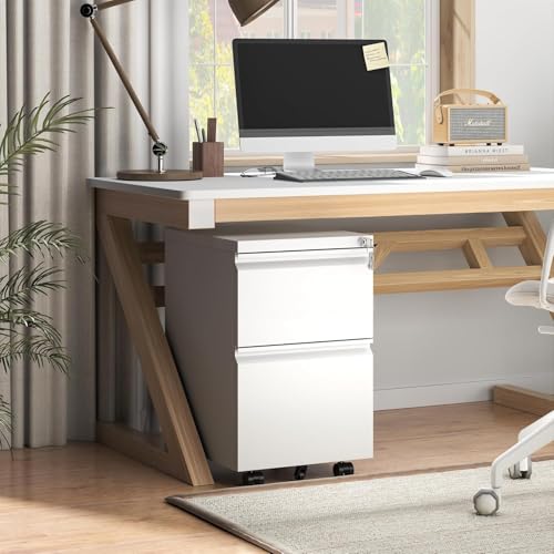 Image of Guizeeopo 2 Drawer Locking File Cabinet, Fully Assembled Heavy-Duty Metal Filing Cabinets for Home Office, Quiet Slides, Anti-Tipping Wheels, Fits A4 /Letter /Legal, Matte White
