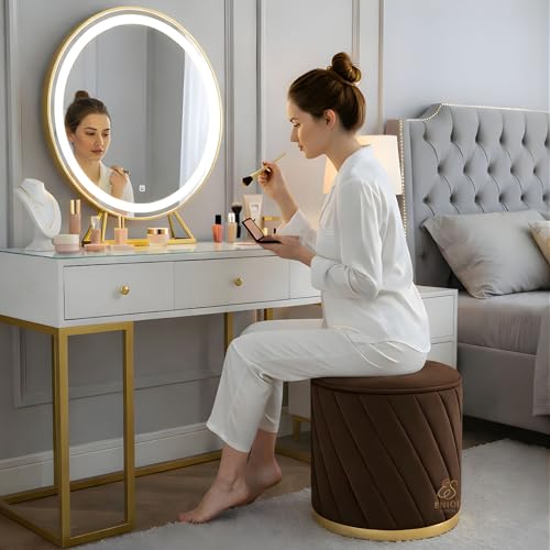 Image of Luxury Round Velvet Ottoman Stool with Gold Base - Modern Upholstered Footrest Pouffe, Tufted Vanity Seat, Living Room Bedroom Dressing Stool (Brown)