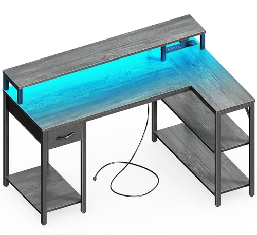 Image of SUPERJARE 47 inch Reversible L Shaped Desk with LED Lights & Power Outlets, Computer Desk with Shelves & Monitor Stand, Gaming Desk with Drawer, Home Office Desk Corner Desk, Grey