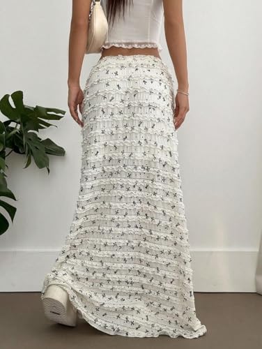 CHARTOU Women Y2k Lace Maxi Skirts Tiered Bow Print Elastic Waist Long Skirt3