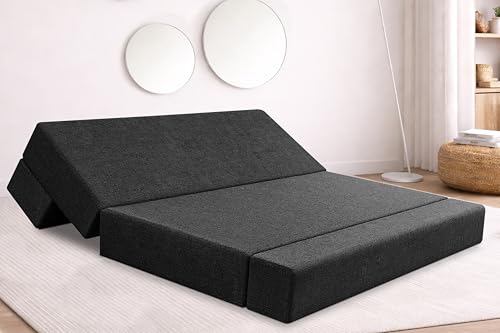 Image of Rosebell Three Seater Foldable Sofa Cum Bed (5x6 Feet) ? Jute Fabric, Washable Removable Cover, Includes Cushion | Space Saving Convertible Sofa Bed for Home, Office & Guests - Black