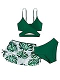 Milumia Girl's 3 Pieces Bikini Set Tropical Print Criss Cross Wrap Bathing Suit with Beach Skirt Green and White 11-12 Years