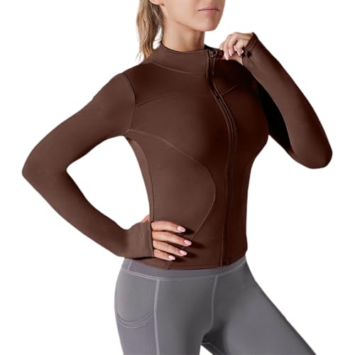 UPF50+ Sun Protection Full Zip Jacket for Women Long Sleeve Mock Neck Tops Quick Dry Slim Fit Yoga Workout Shirts(#01 Coffee,Small)