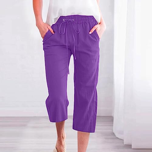Capris Pants for Women Oversized Casual 2025 Summer Linen Pants Drawstring Straight Leg Cropped Trouser Capri2