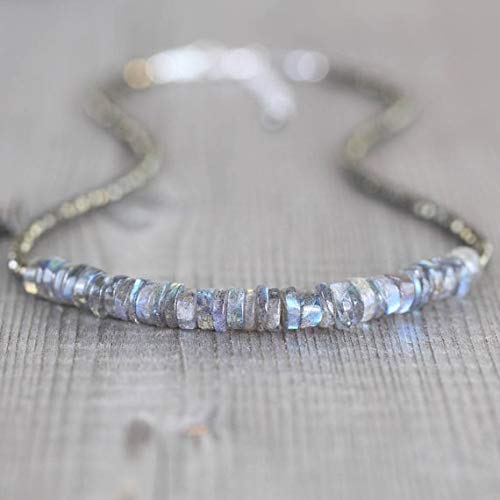 925 sterling Silver Natural Silver Helling 2.5-5mm stacking Gray Labradorite & Pyrite Necklace Tyre, Faceted 16" for mens, womens, gf, bf & Adult.