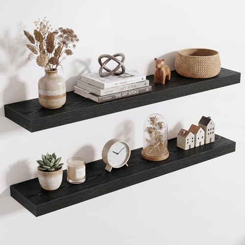 Image of Acovy 36in Long Floating Shelves for Wall Set of 2, Wood Wall Shelves for Bathroom Bedroom Kitchen Living Room Laundry Room, Modern Floating Shelf for Home Decor