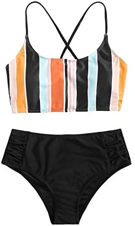 SweatyRocks Women's Bathing Suits Striped Criss Cross Bikini Set High Waisted Swimsuits Multicoloured M